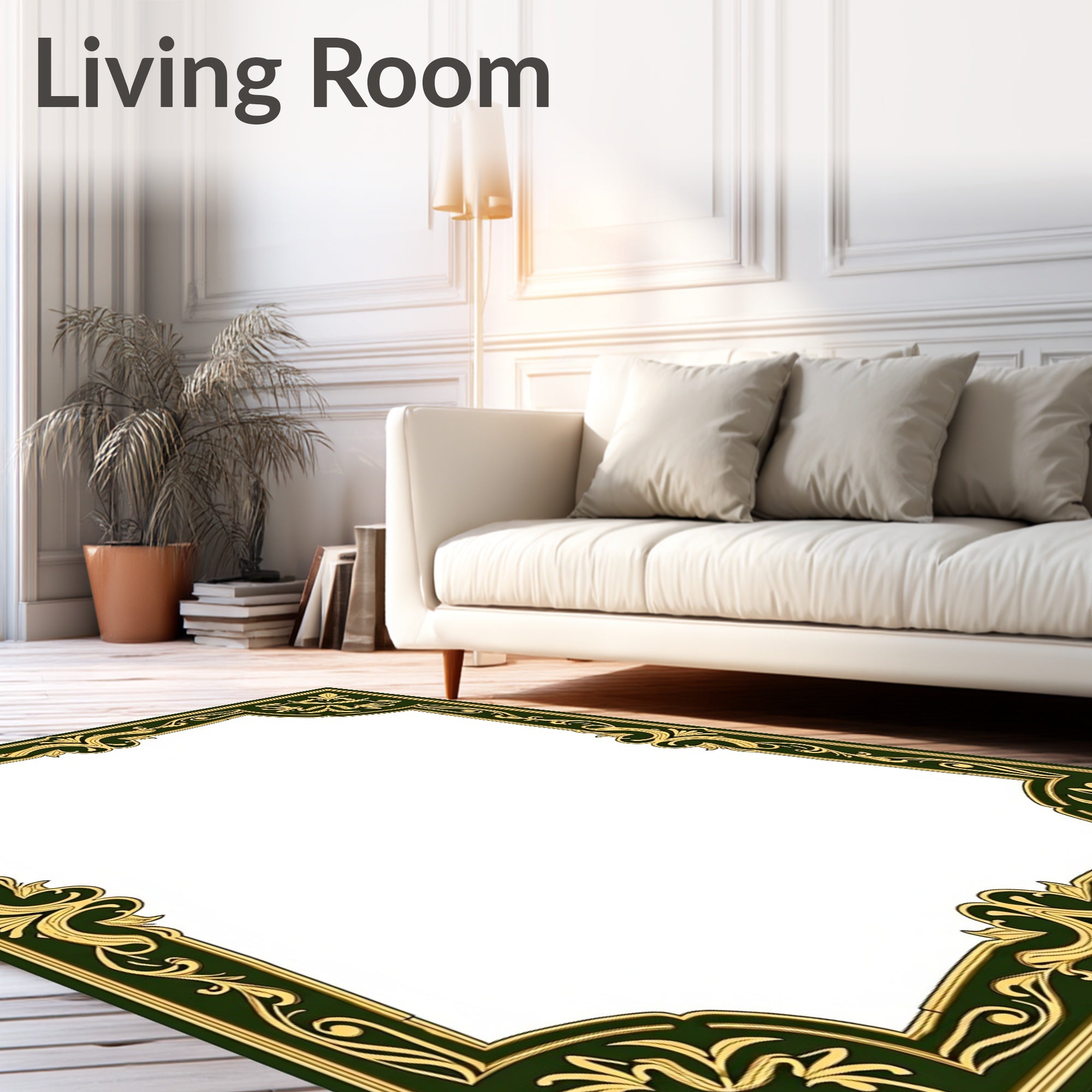 Ornate Flourish Gold Green Border Rug