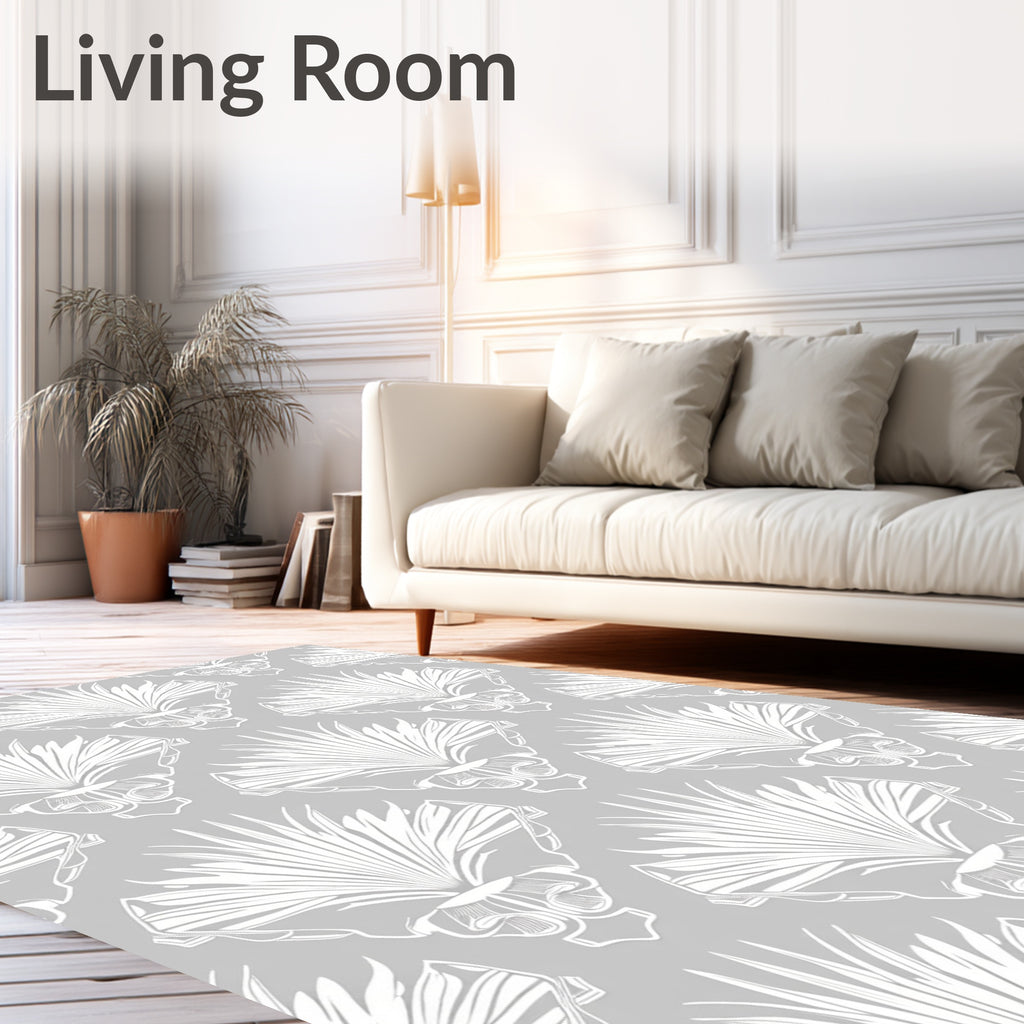 Grey White Stylized Palm Leaf Pattern Rug
