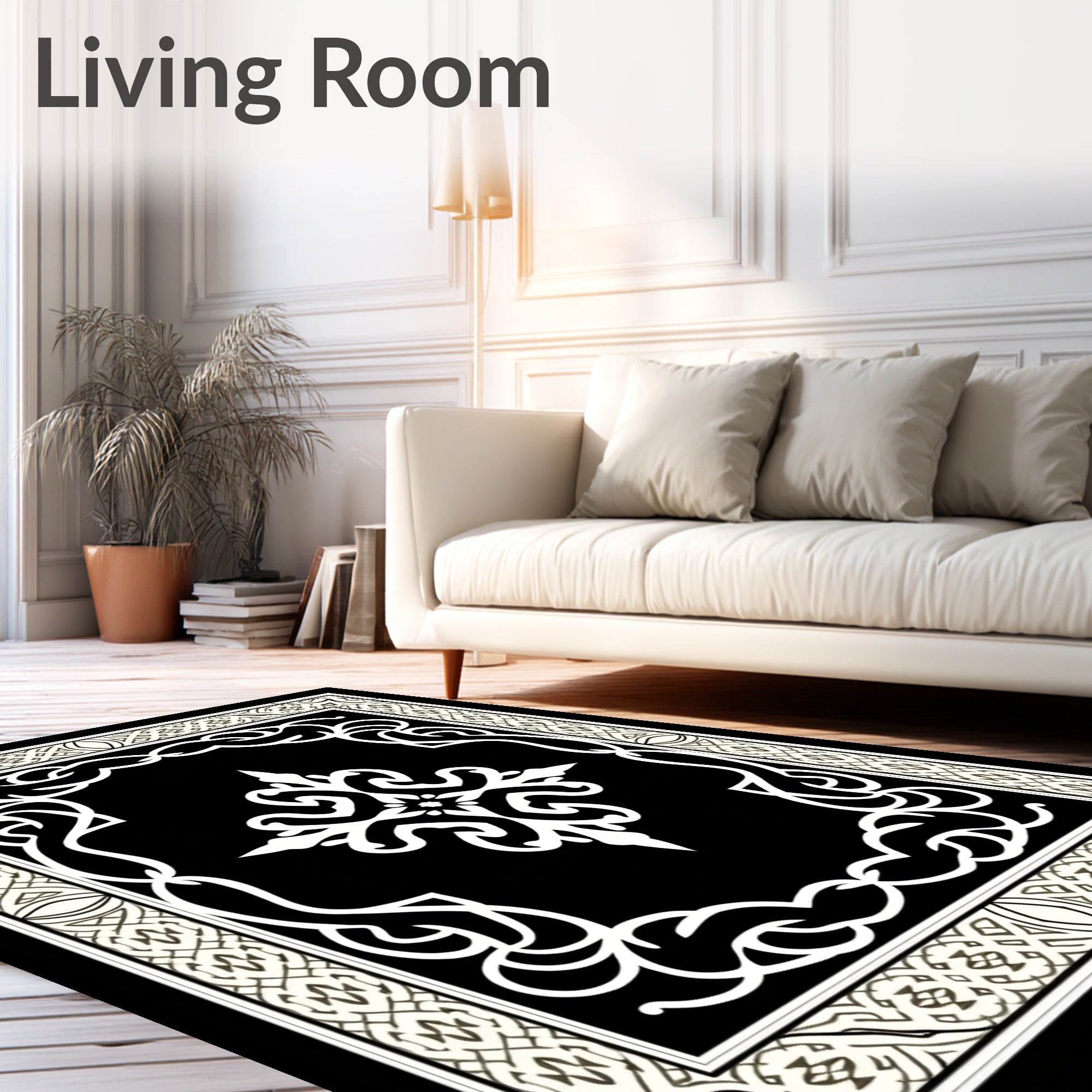 Elegant Black and White Stylized Floral Rug