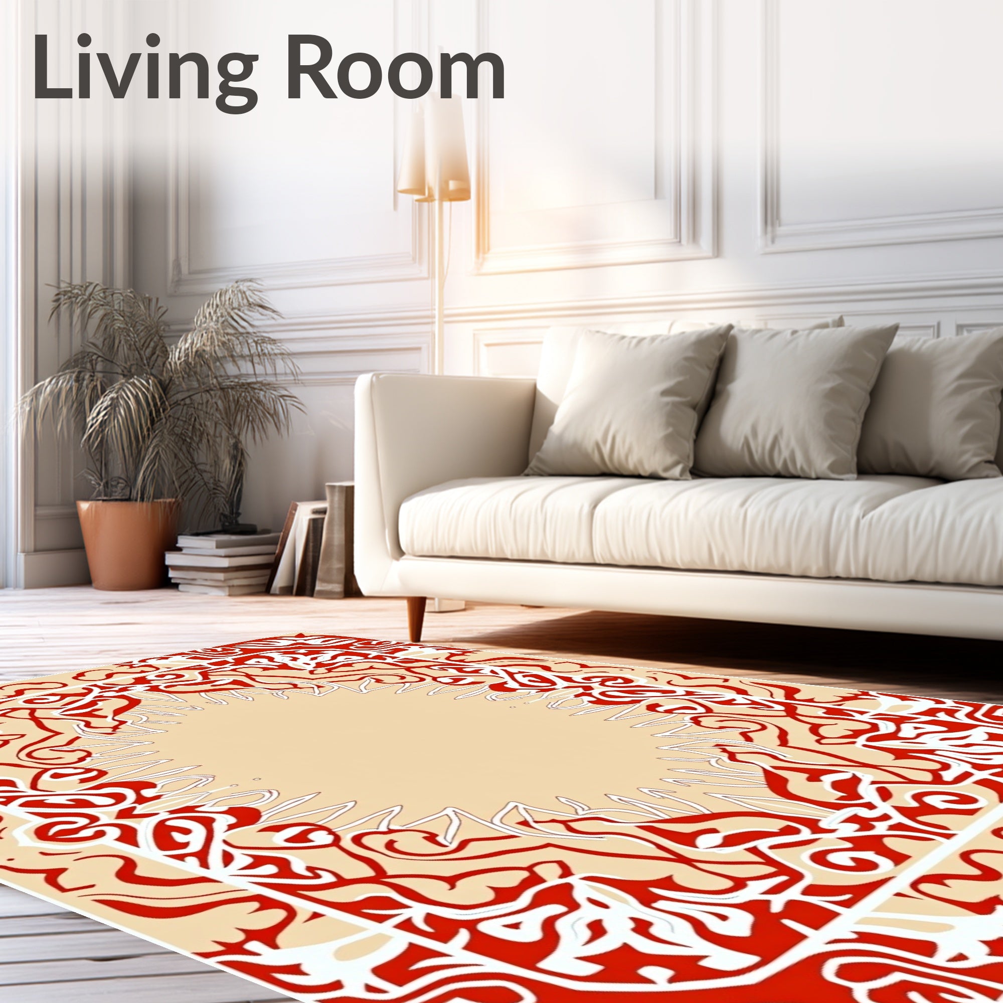 Bold Red White Abstract Floral Frame Rug