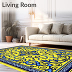 Bright Yellow Blue Floral Medallion Rug