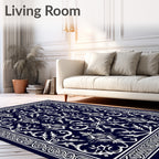 Classic Dark Navy White Floral Pattern Rug