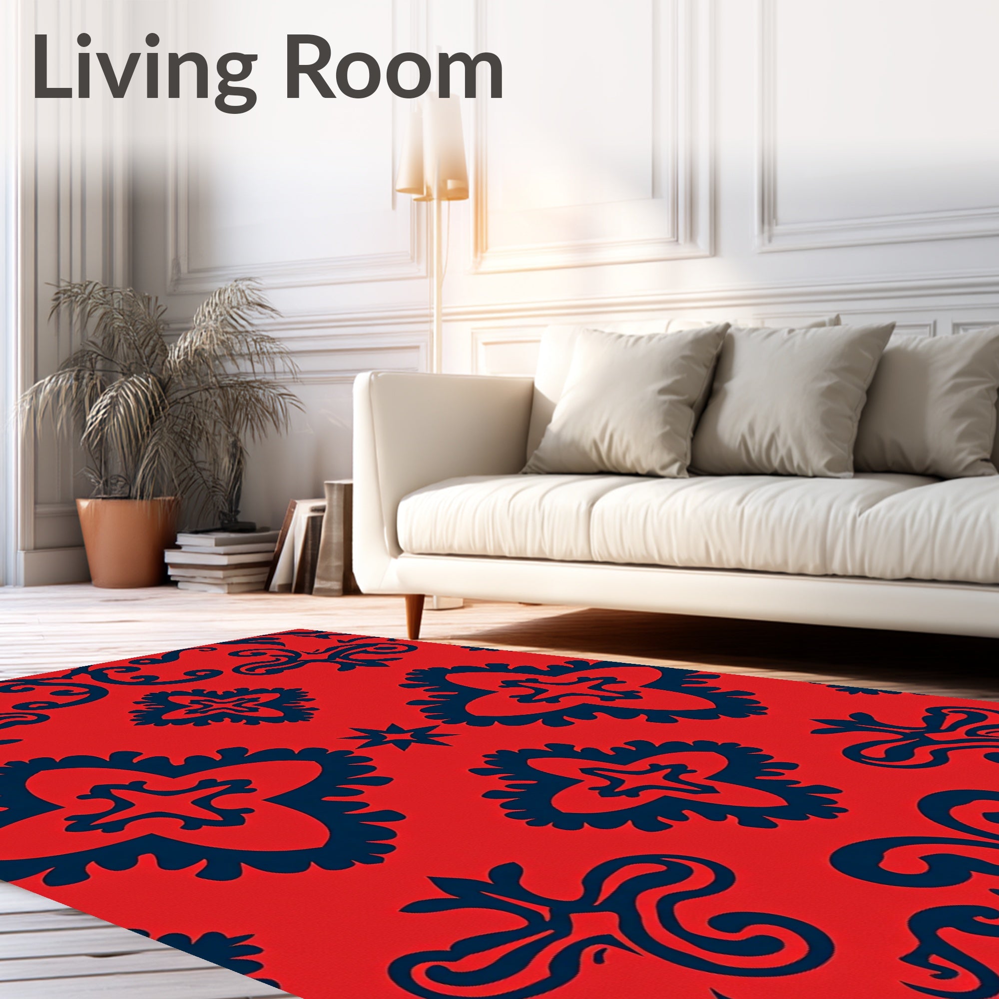 Bold Red Navy Damask Pattern Rug