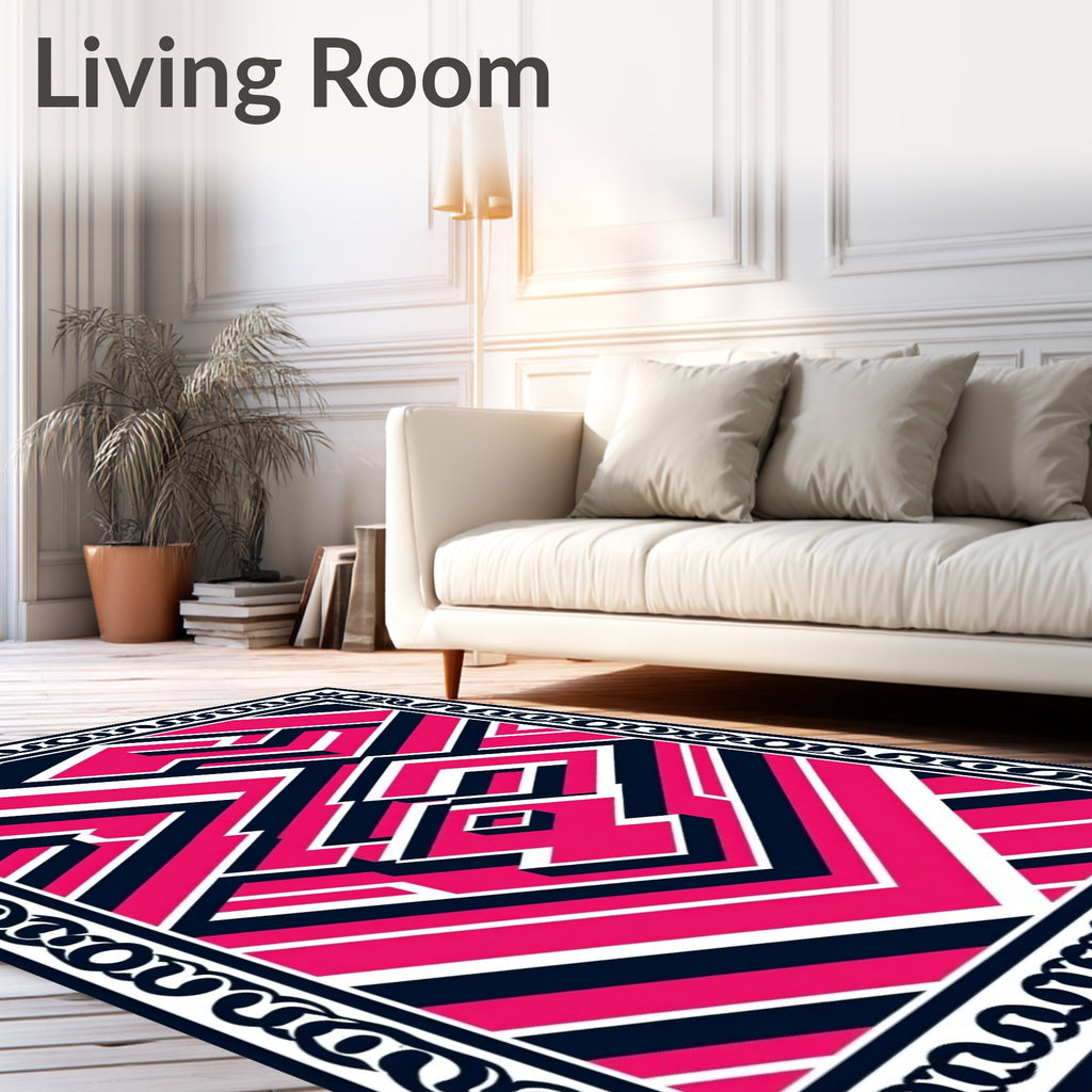 Bold Pink White Geometric Maze Rug