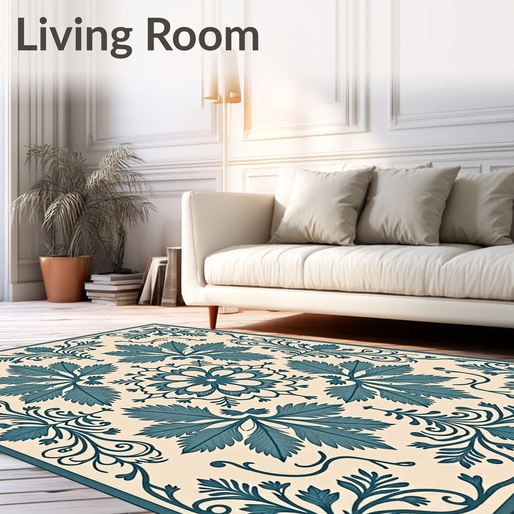 Teal Floral Motif Classic Design Rug