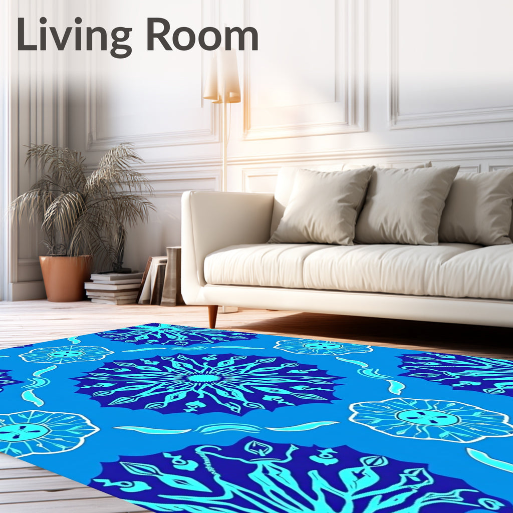 Deep Blue Cyan Floral Medallion Arrangement Rug