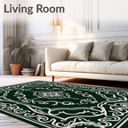 Intricate Floral Swirls on Dark Green Canvas Rug