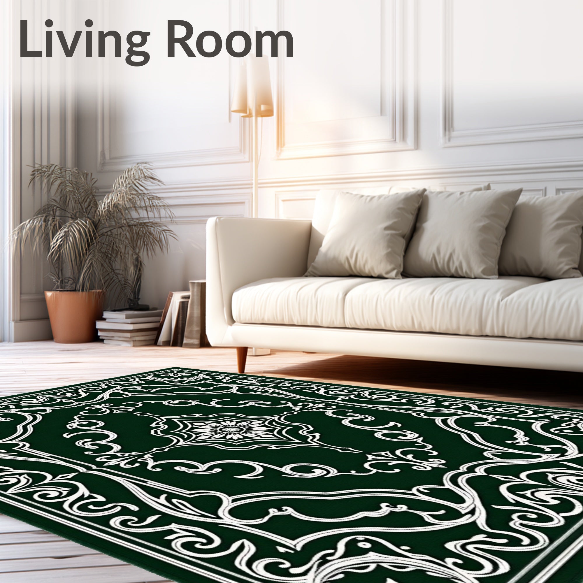 Intricate Floral Swirls on Dark Green Canvas Rug