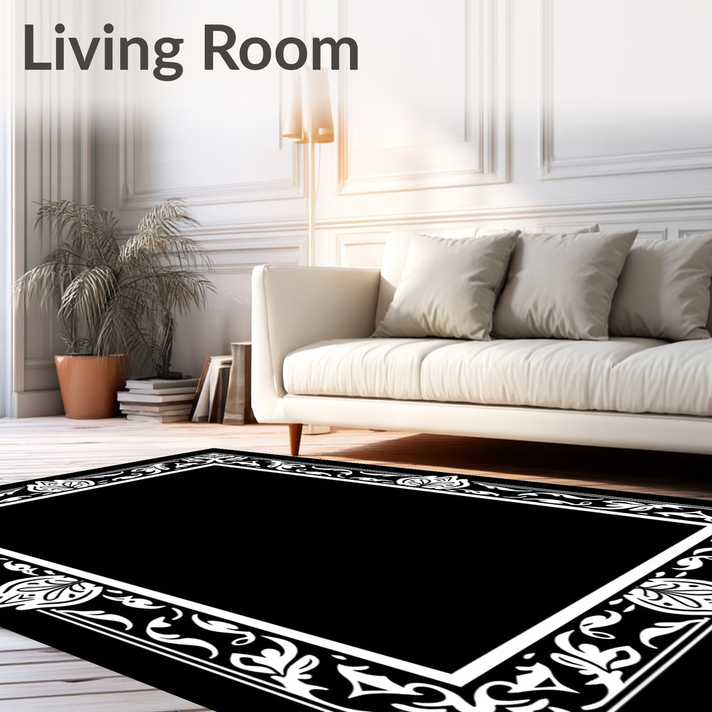 White Floral Scroll Border Frame Rug