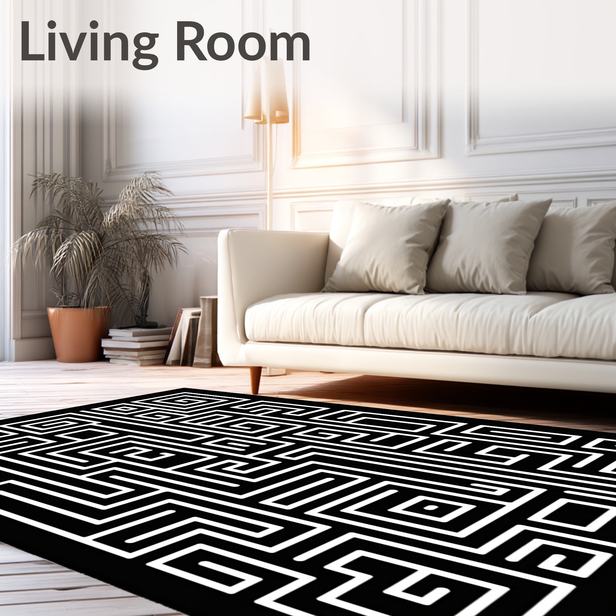Bold Black White Maze Pattern Rug