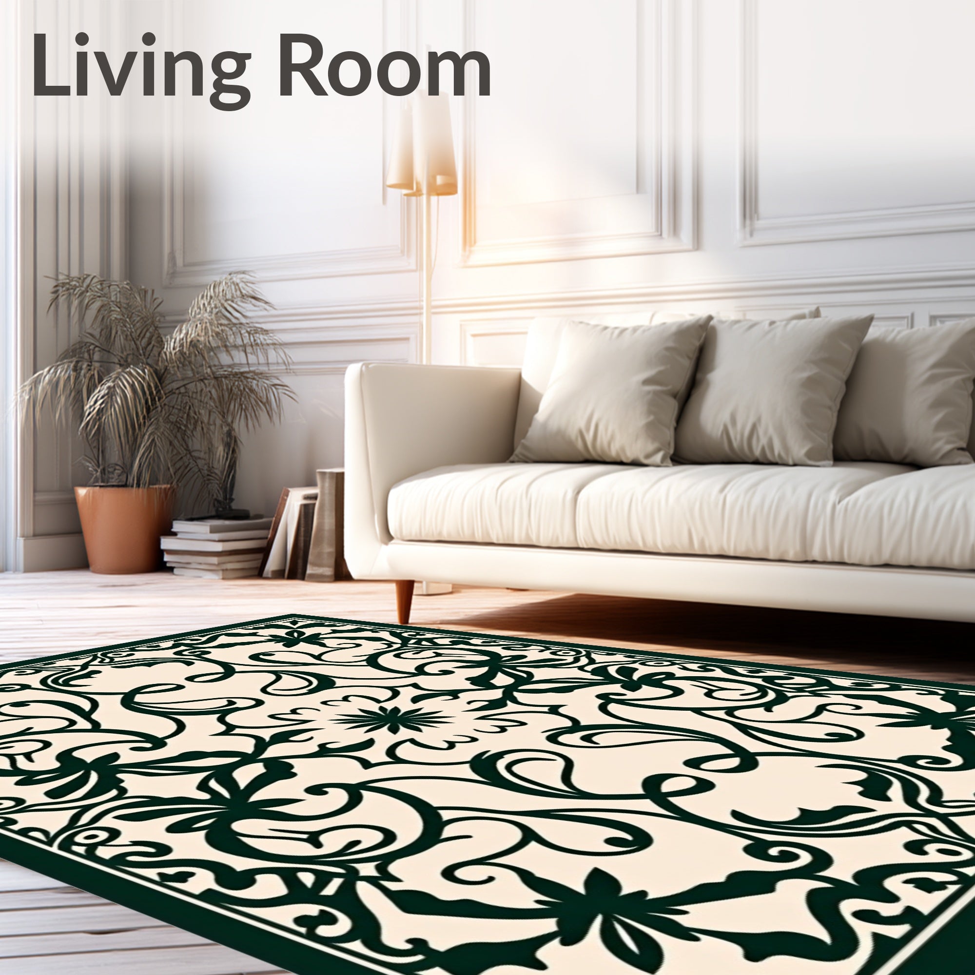 Ornate Dark Green Floral Scrollwork Design Rug