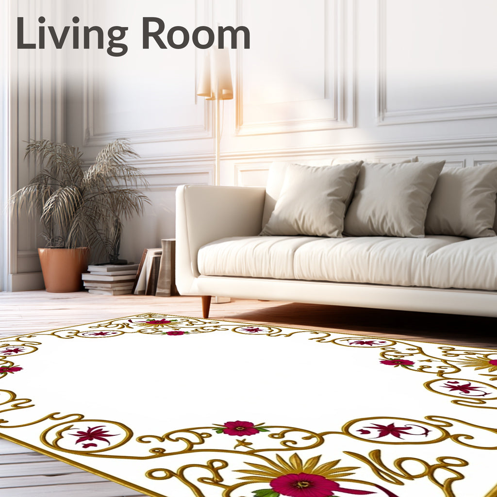 Ornate Gold Floral Border Design Rug
