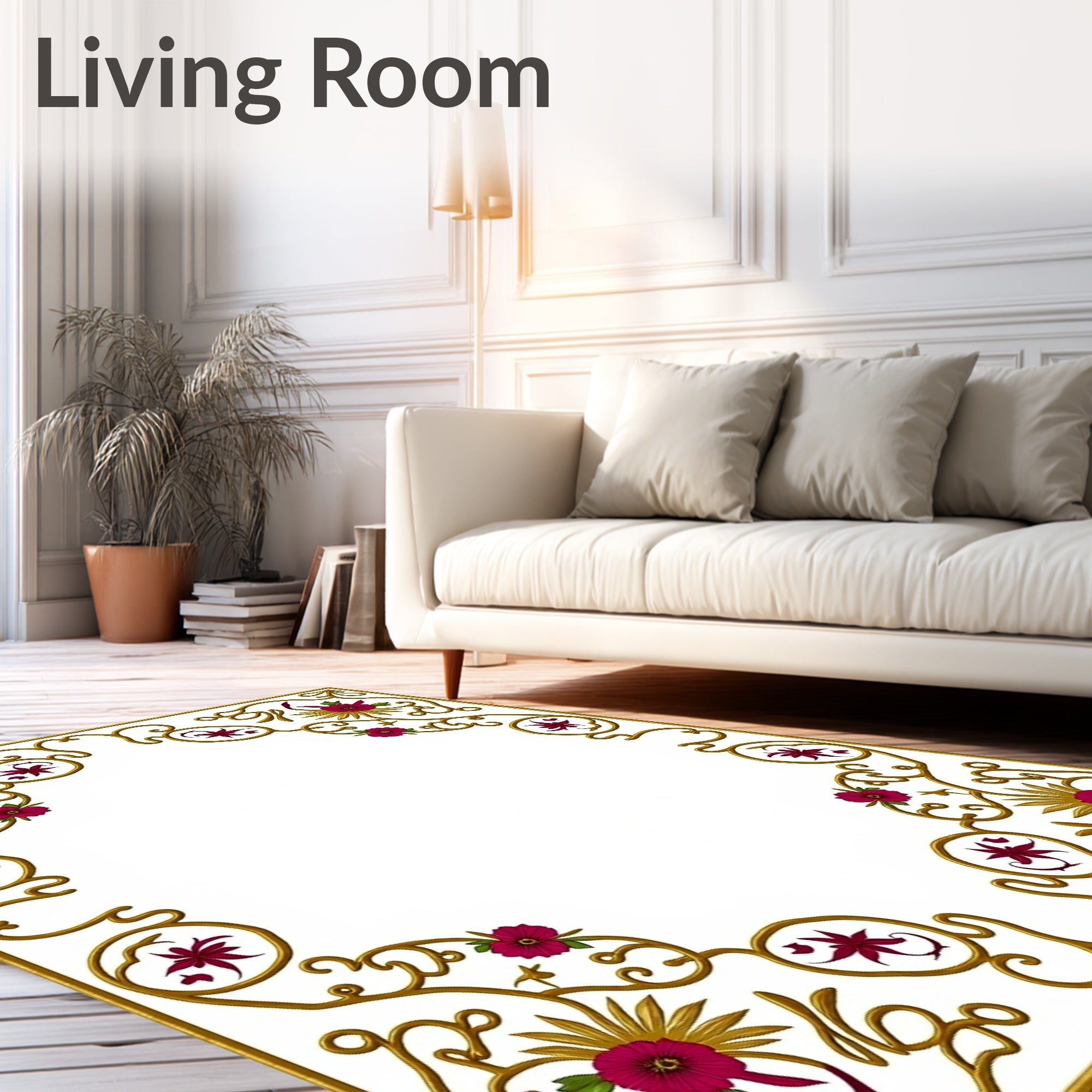 Ornate Gold Floral Border Design Rug