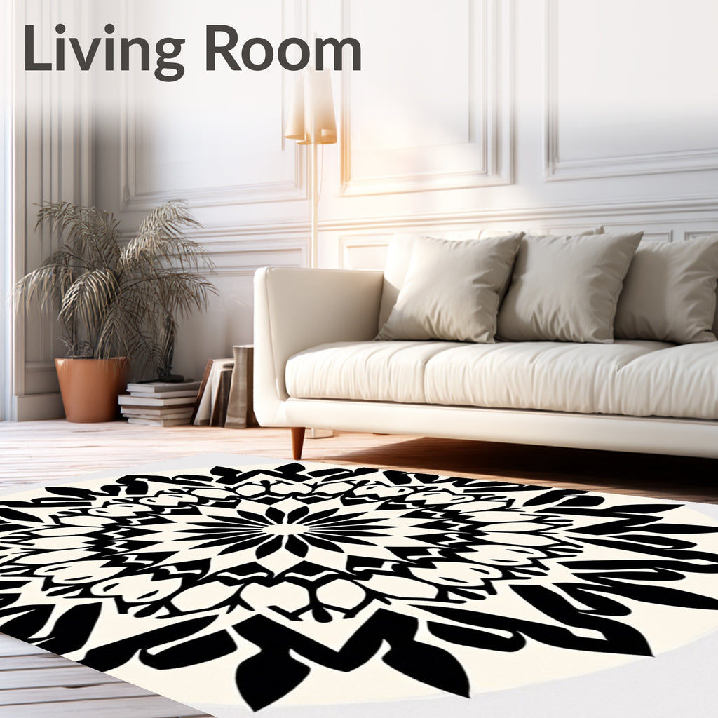 Striking Black White Mandala Motif Rug