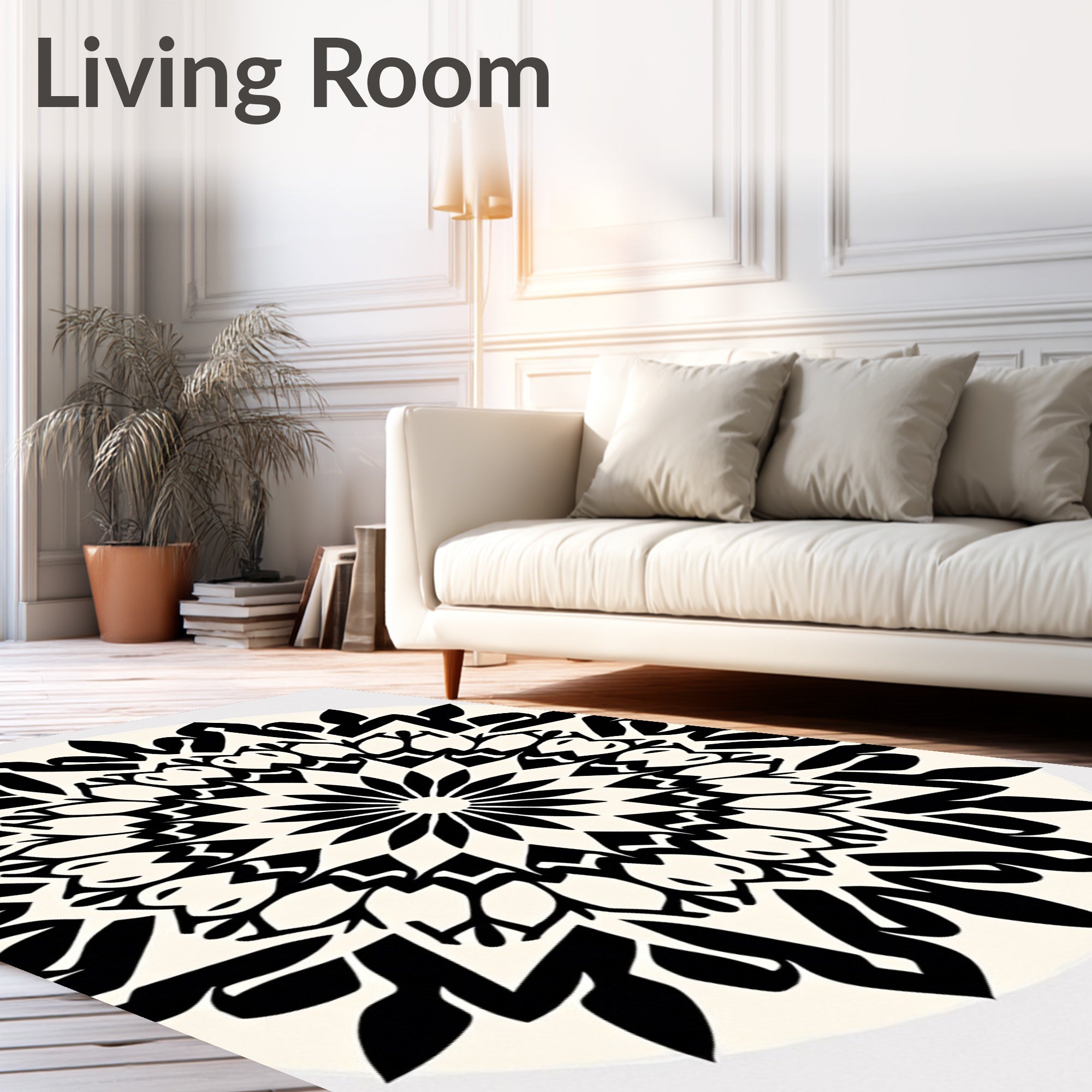 Striking Black White Mandala Motif Rug