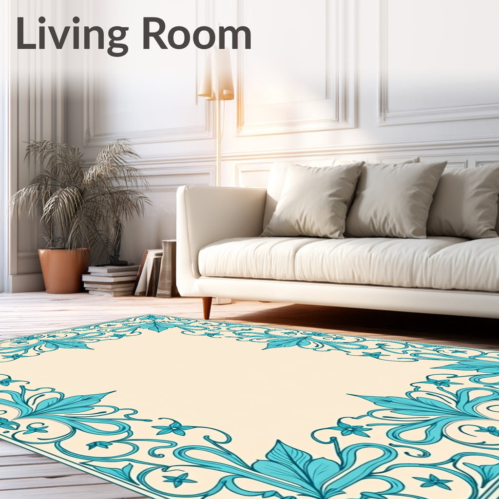 Aqua Floral Scroll Border Design Rug
