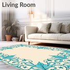 Aqua Floral Scroll Border Design Rug
