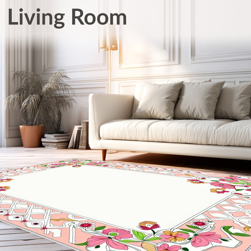 Pink Floral Whimsical Geometric Border Rug