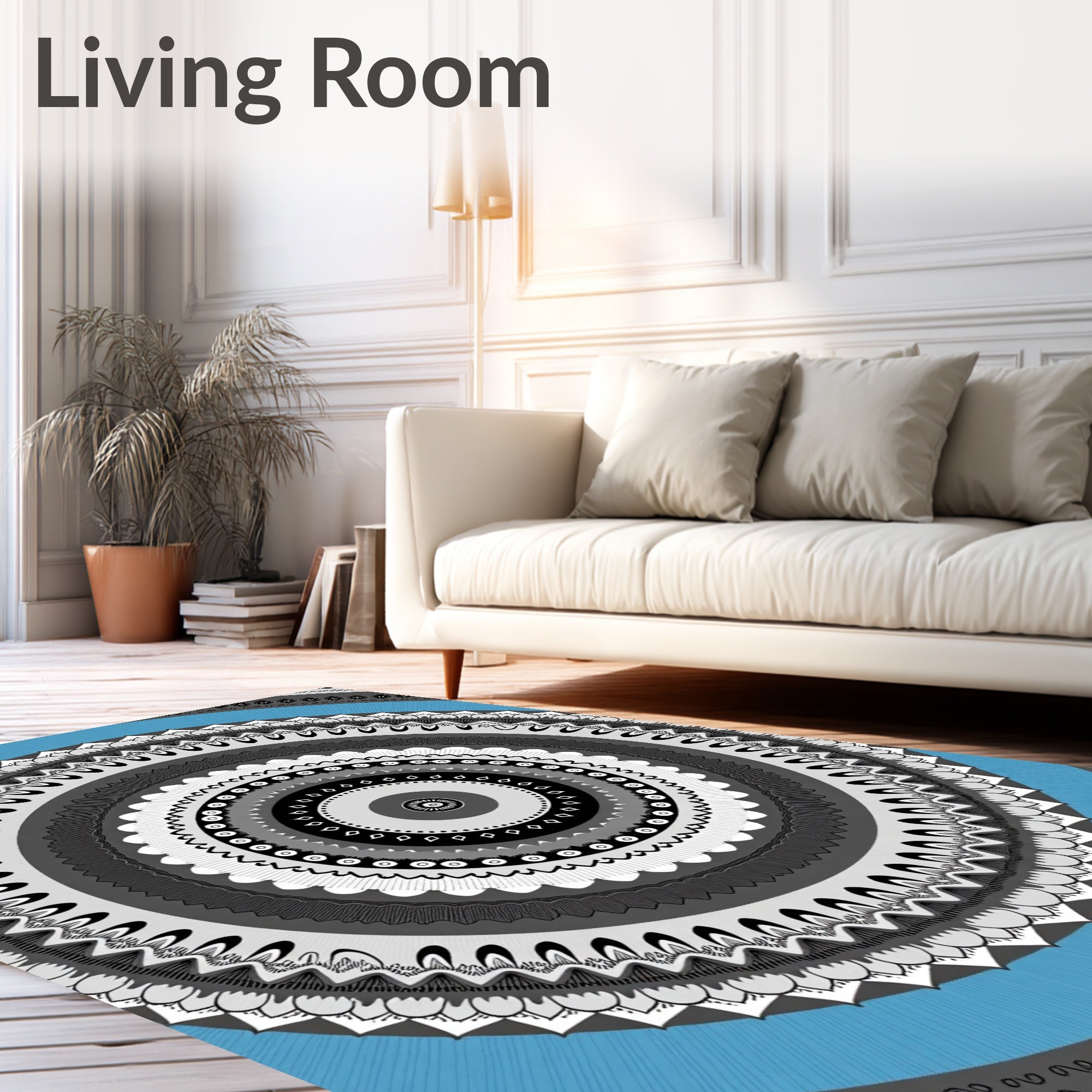Circular Blue Ornamental Mandala Rug