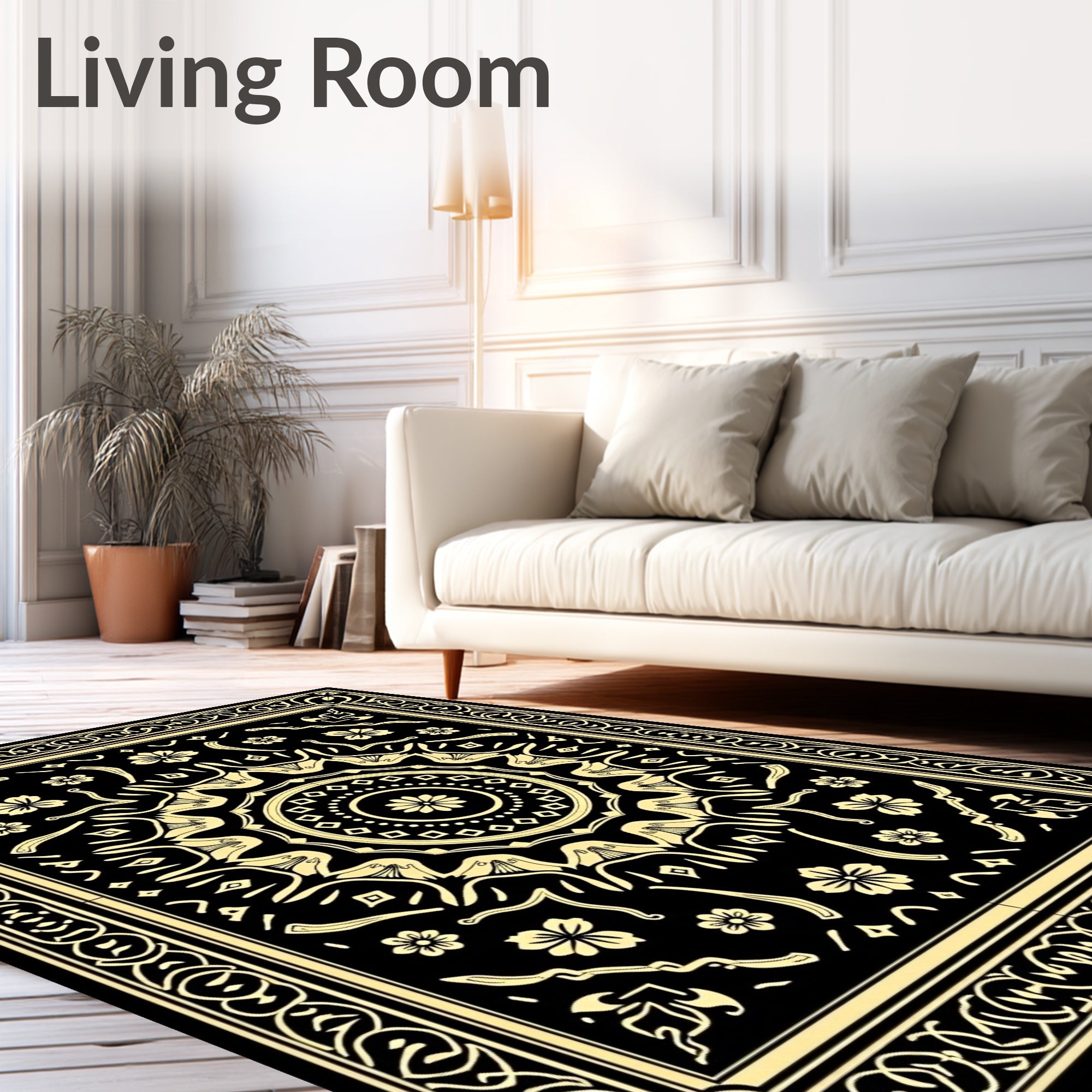 Black Gold Floral Mandala Rug