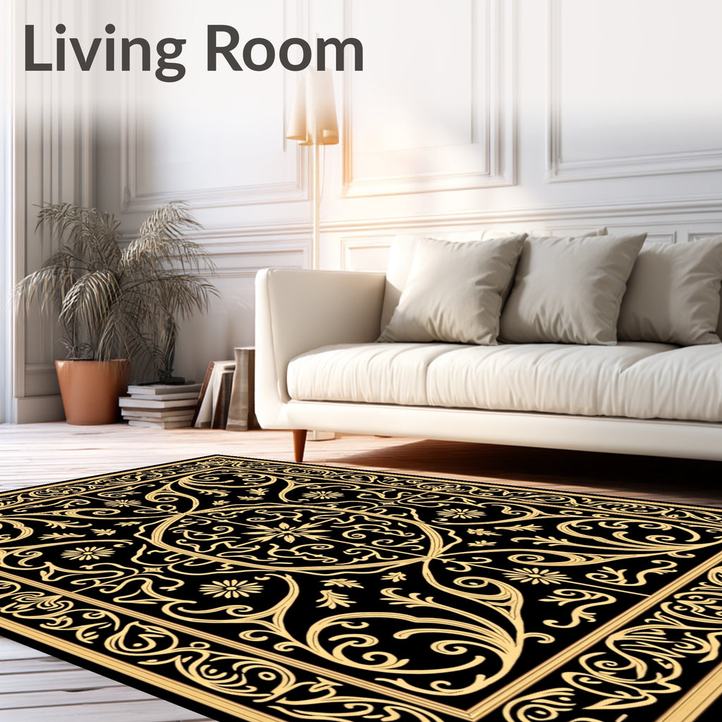 Ornate Gold Floral Patterned Rug