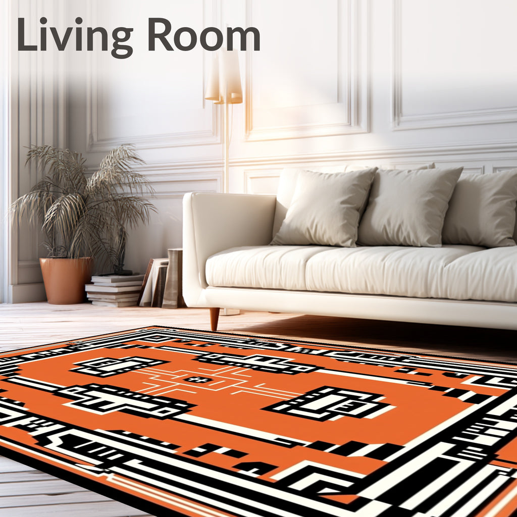 Bold Geometric Orange Black White Design Rug
