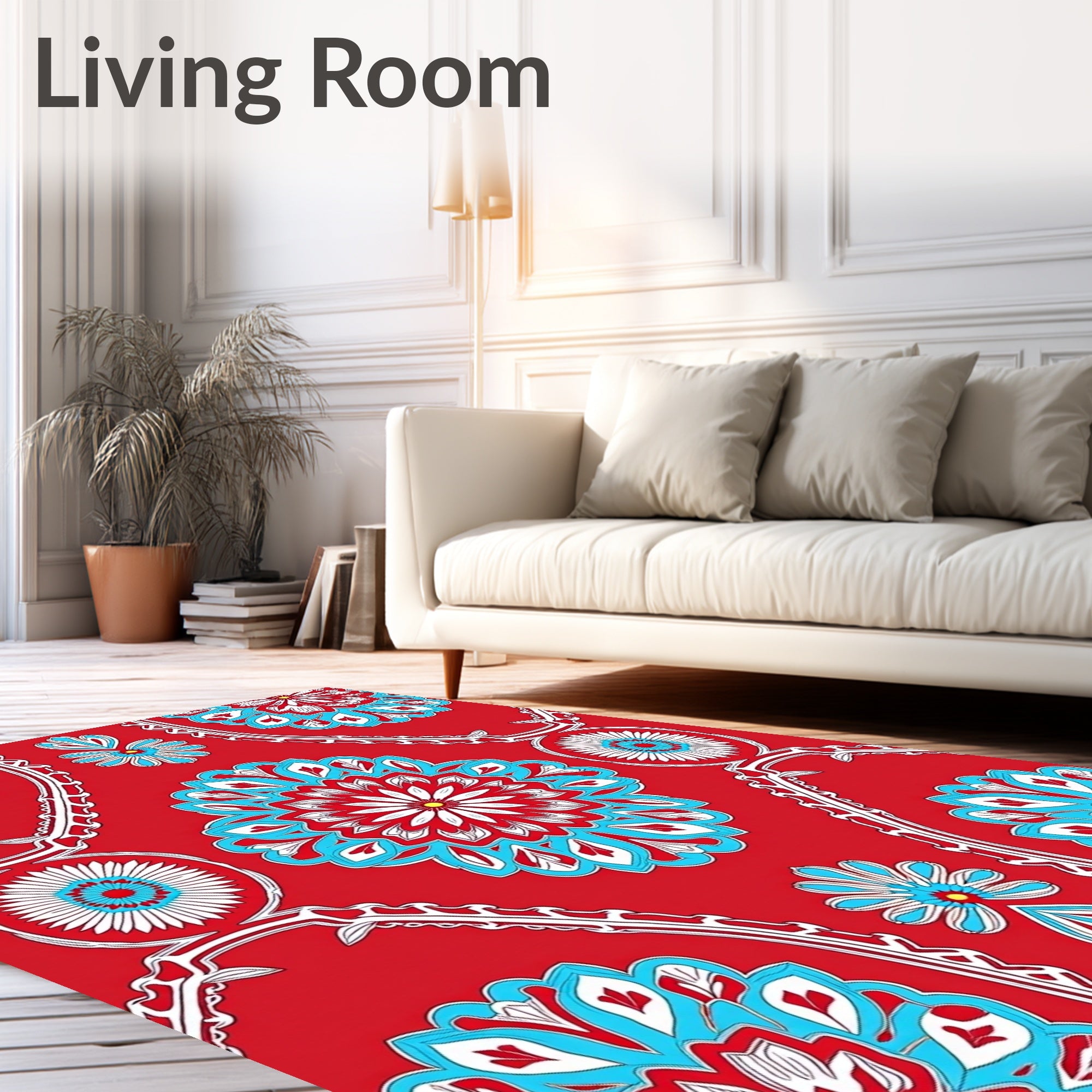 Vivid Red Blue Mandala Pattern Rug