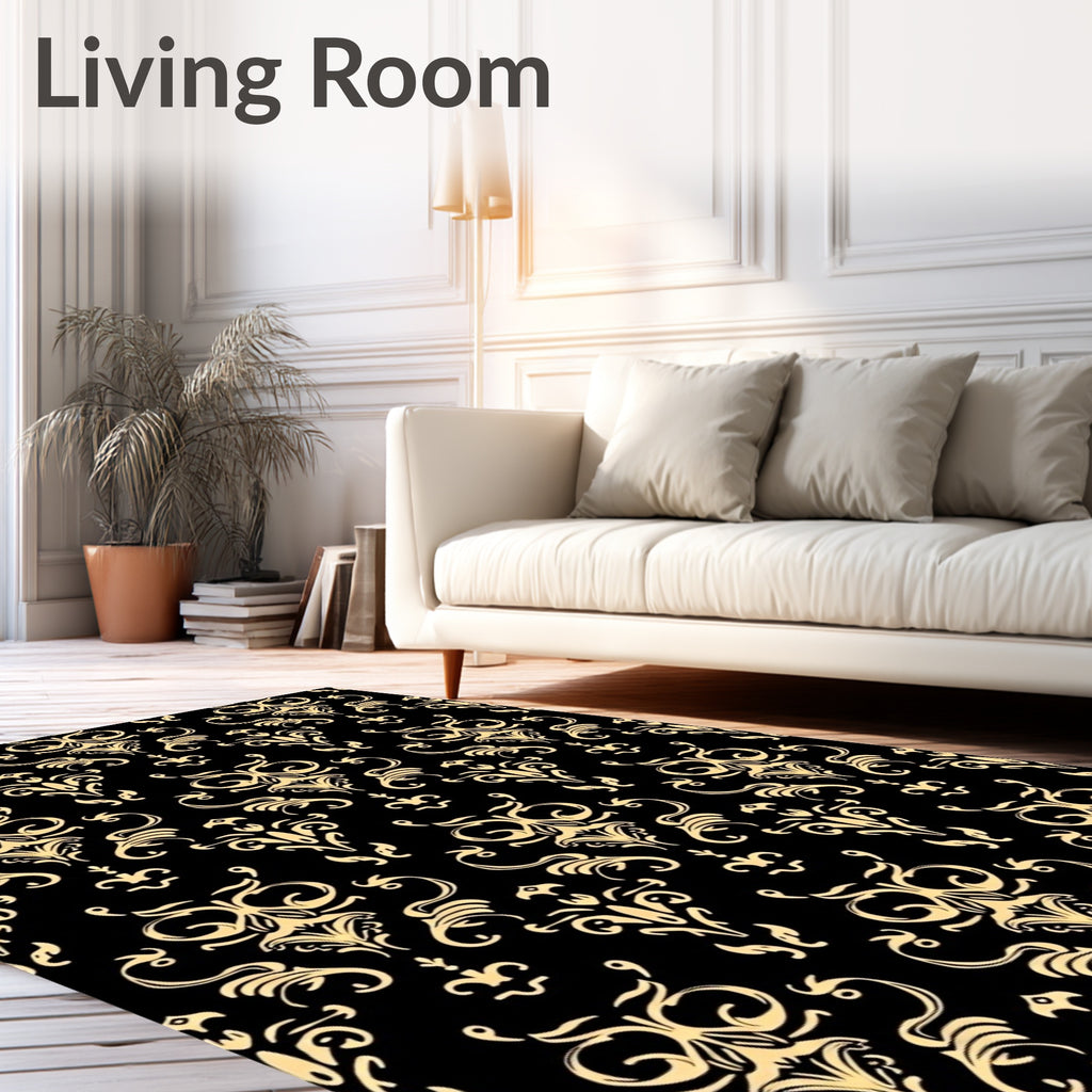 Gold and Black Damask Pattern Rug