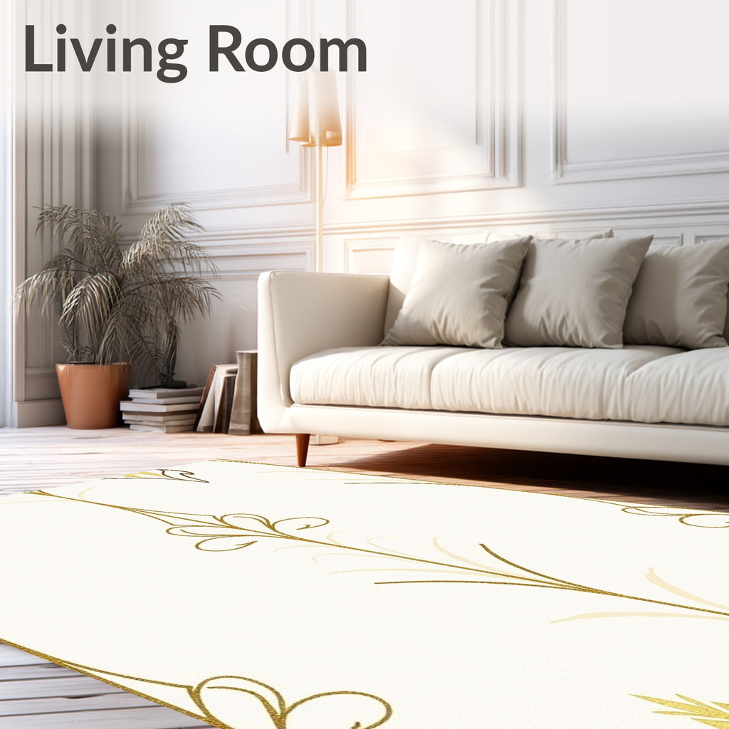 Elegant Gold Leaf Scroll Patterned Rug