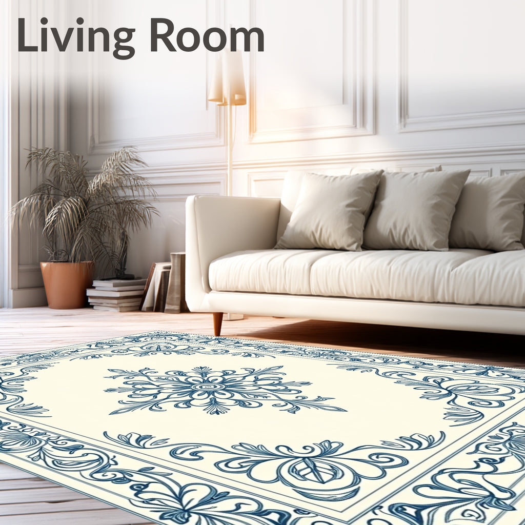 Ornate Blue Floral Border Design Rug