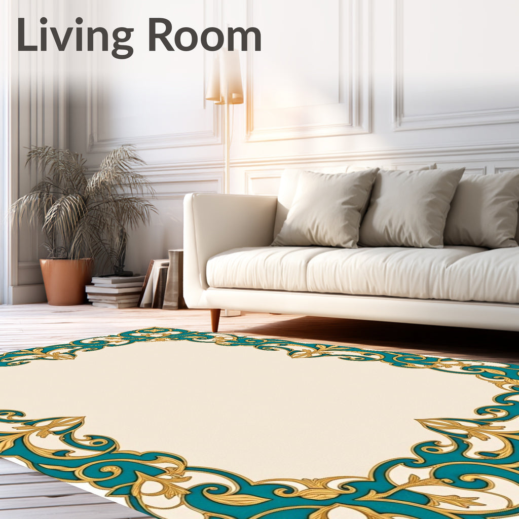 Teal Gold Floral Intricate Border Rug