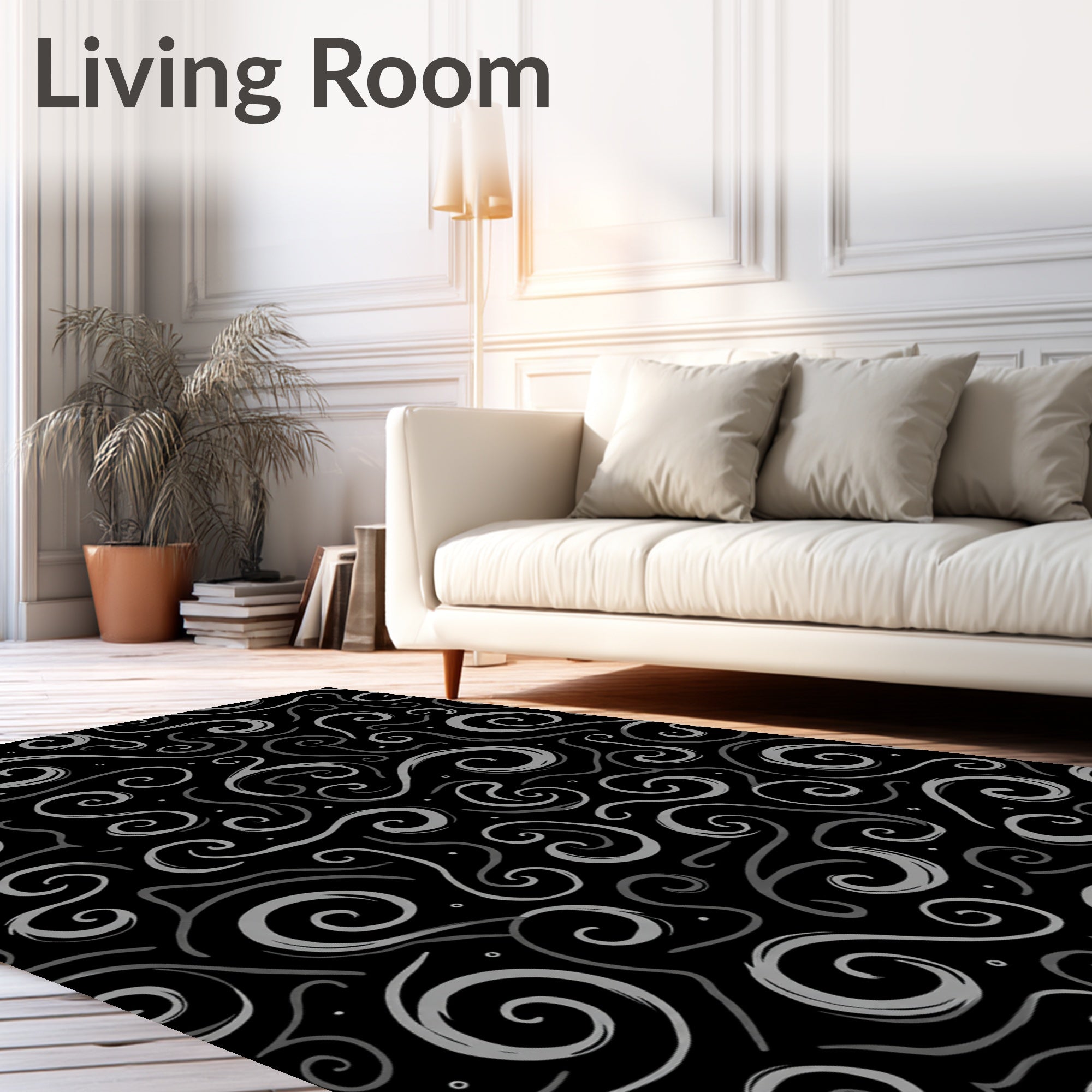 Elegant Swirl Pattern on Black Background Rug