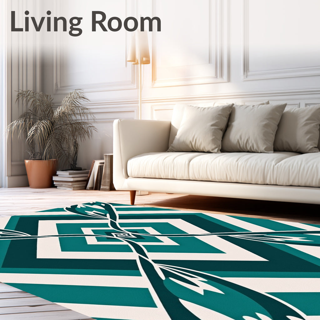 Teal Geometric Floral Diamond Pattern Rug
