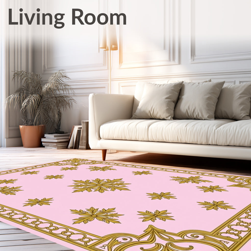 Golden Scrollwork Floral Pattern Pink Rug