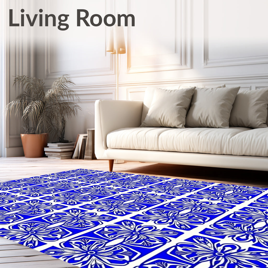 Blue White Symmetry Floral Pattern Rug
