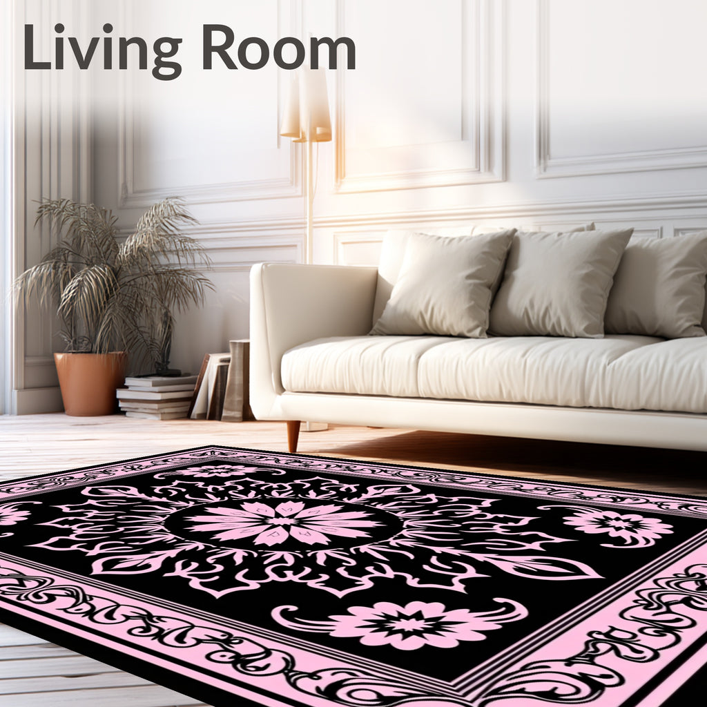 Pink Black Floral Mandala Design Rug