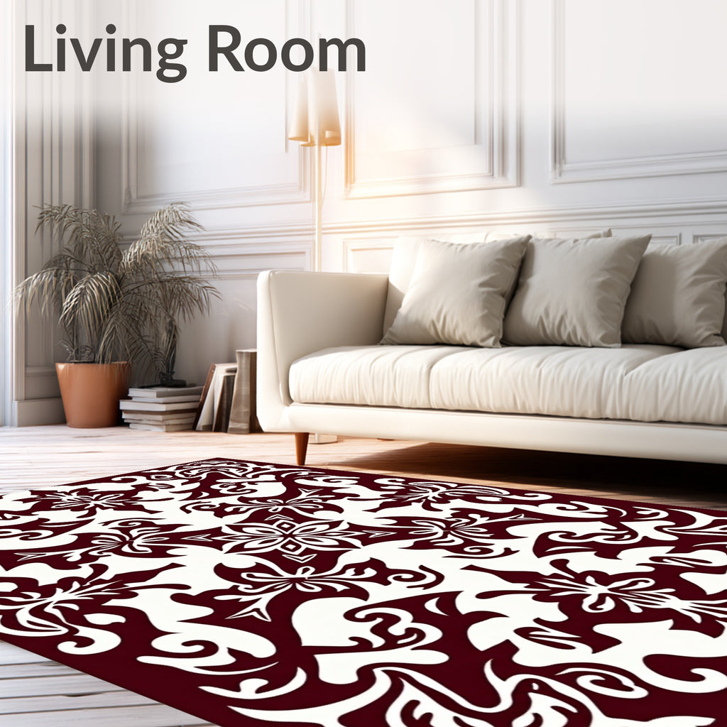 Ornate Floral Patterned Dark Red Rug