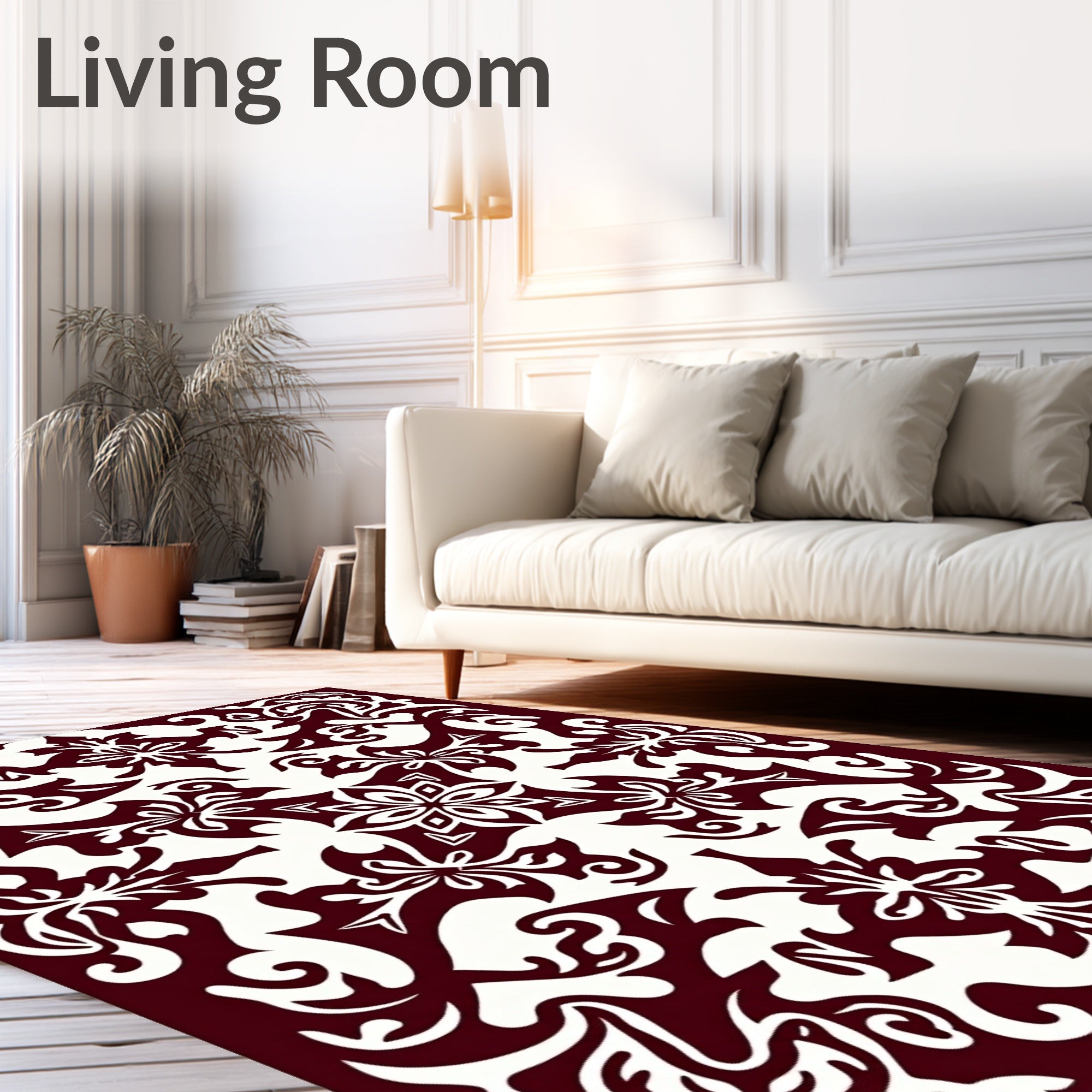 Ornate Floral Patterned Dark Red Rug