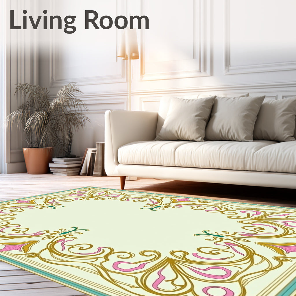 Ornate Gold Pink Teal Floral Border Rug