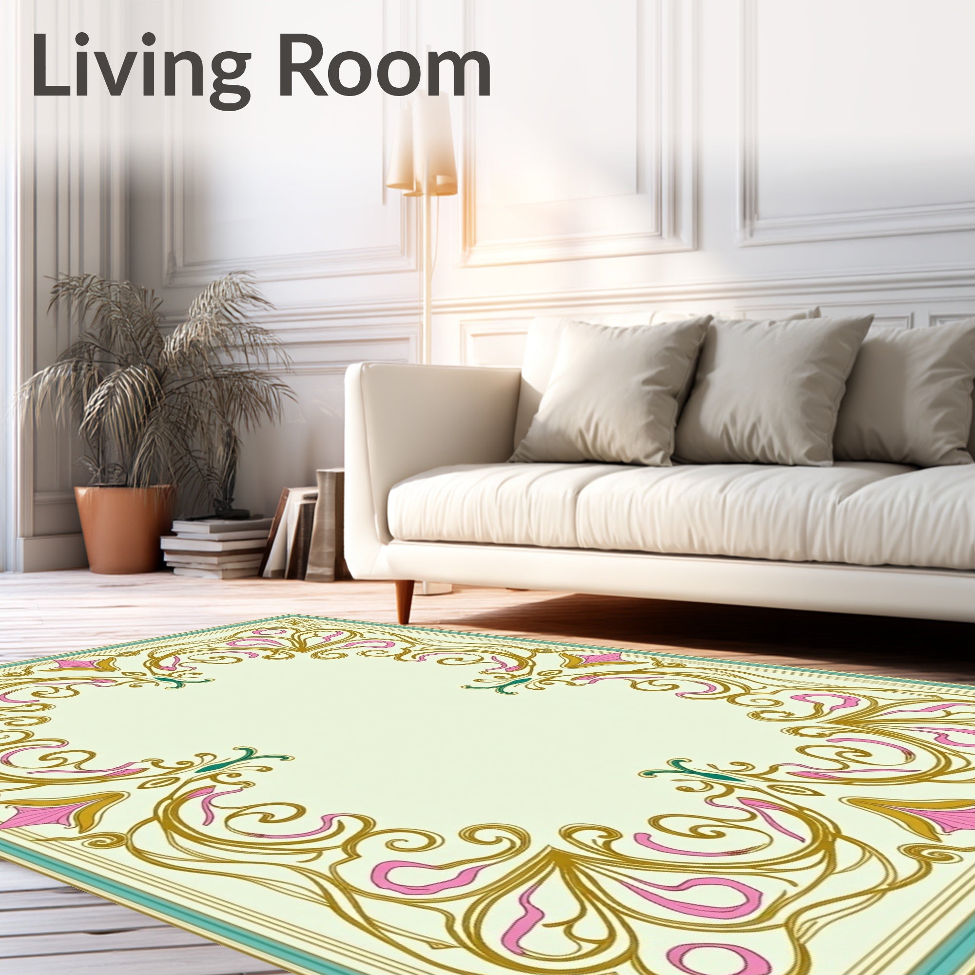 Ornate Gold Pink Teal Floral Border Rug