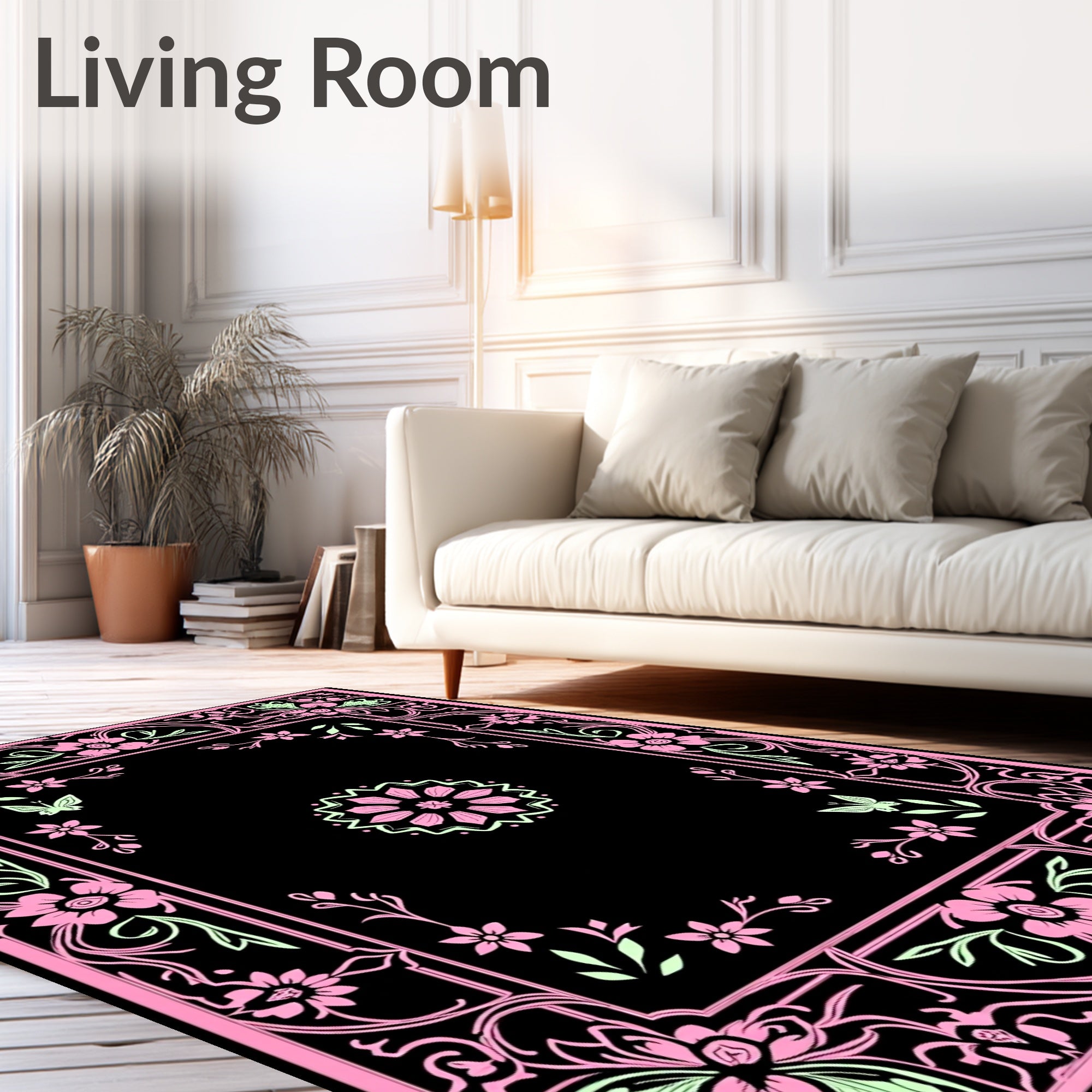 Pink Botanical Flourish Butterfly Design Rug