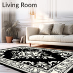 Elegant Black Cream Scrollwork Medallion Rug