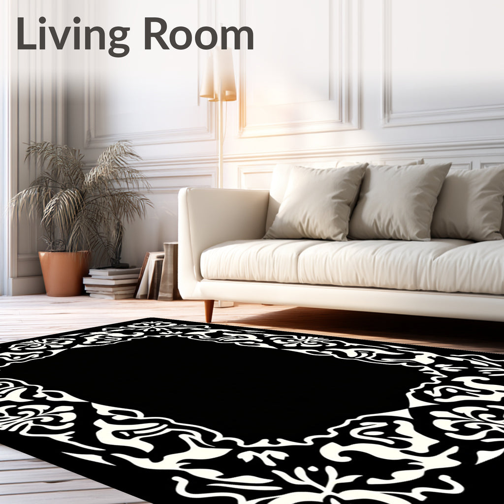 Ornate Black White Floral Border Rug