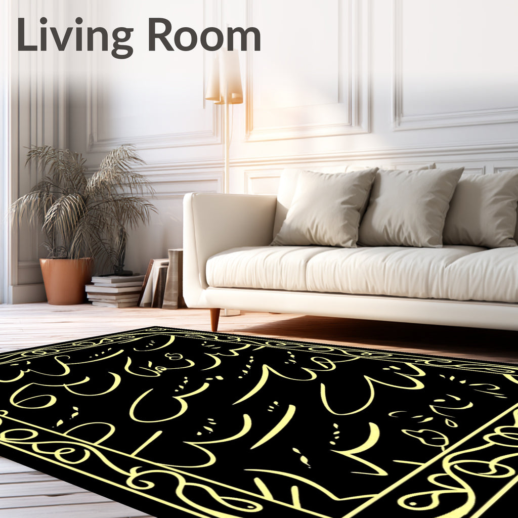Elegant Yellow Script Border Rug
