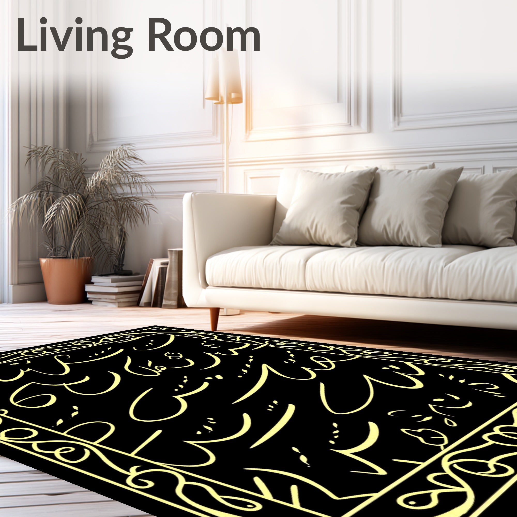 Elegant Yellow Script Border Rug