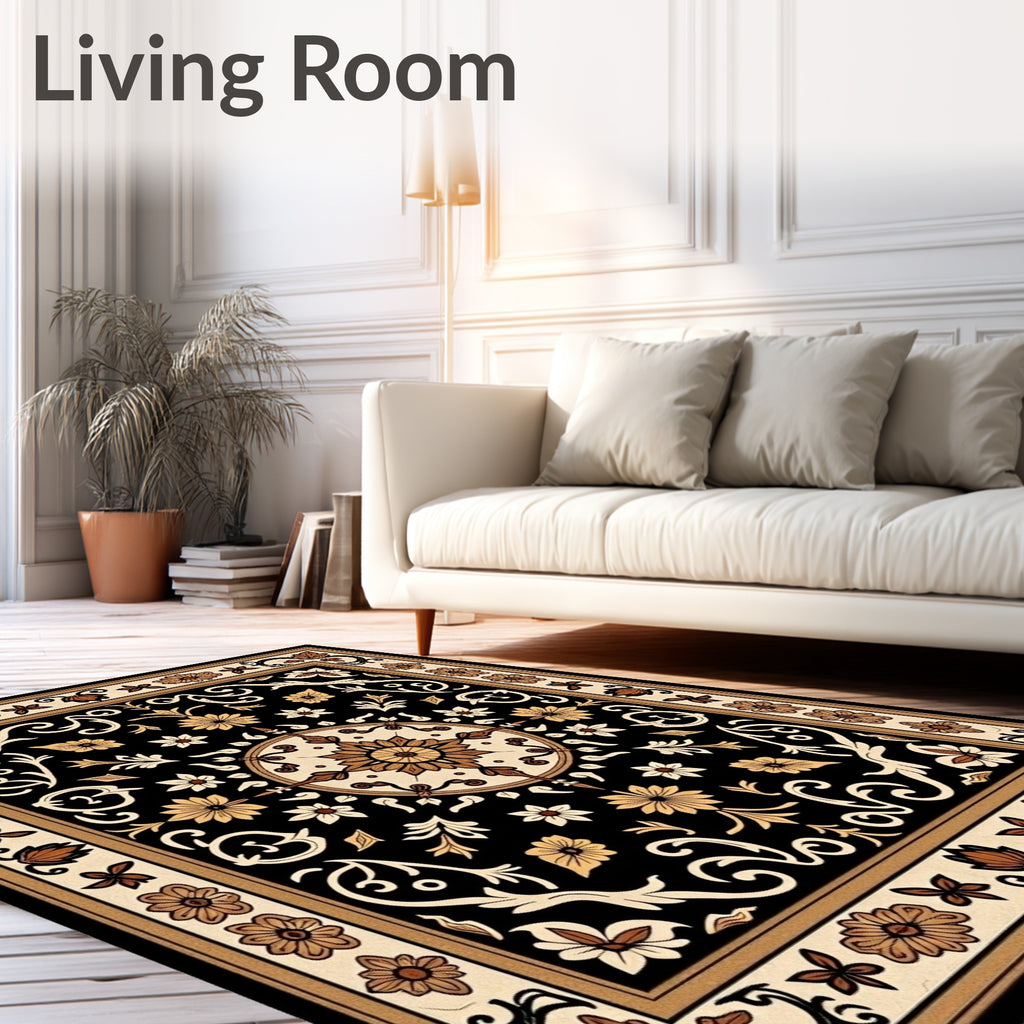 Black Floral Scrollwork Medallion Rug