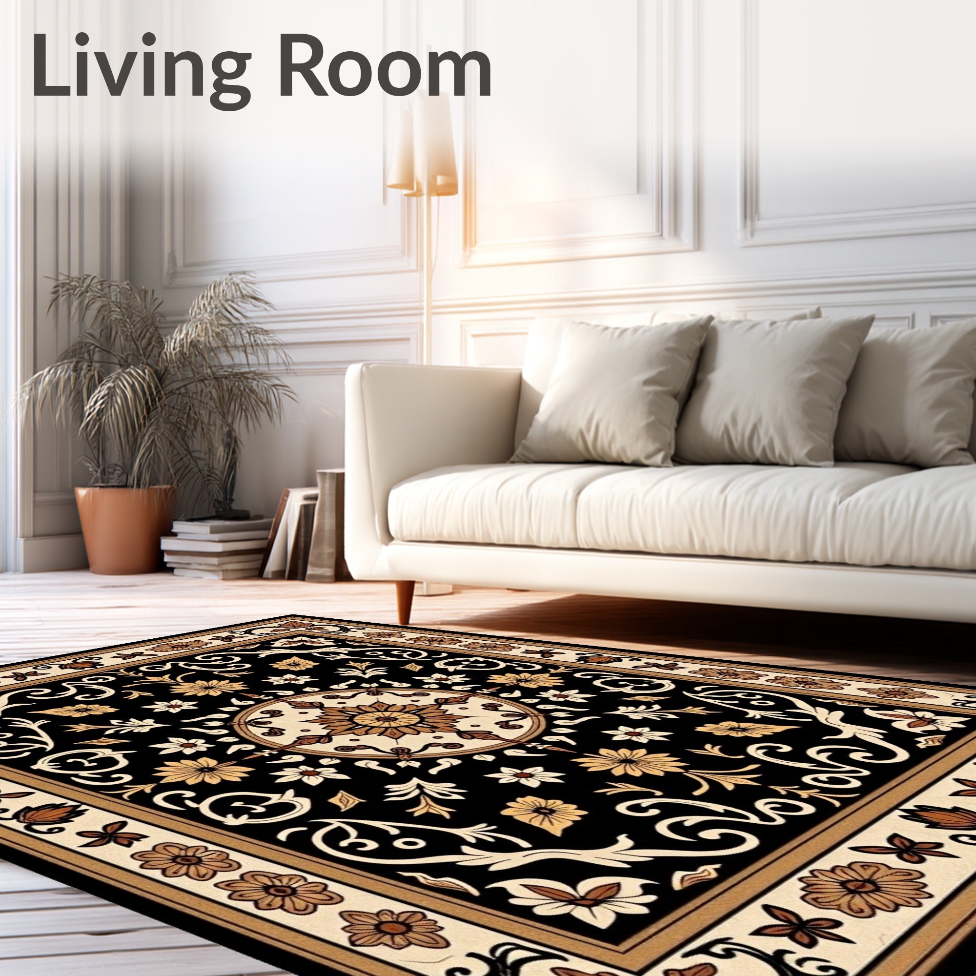 Black Floral Scrollwork Medallion Rug