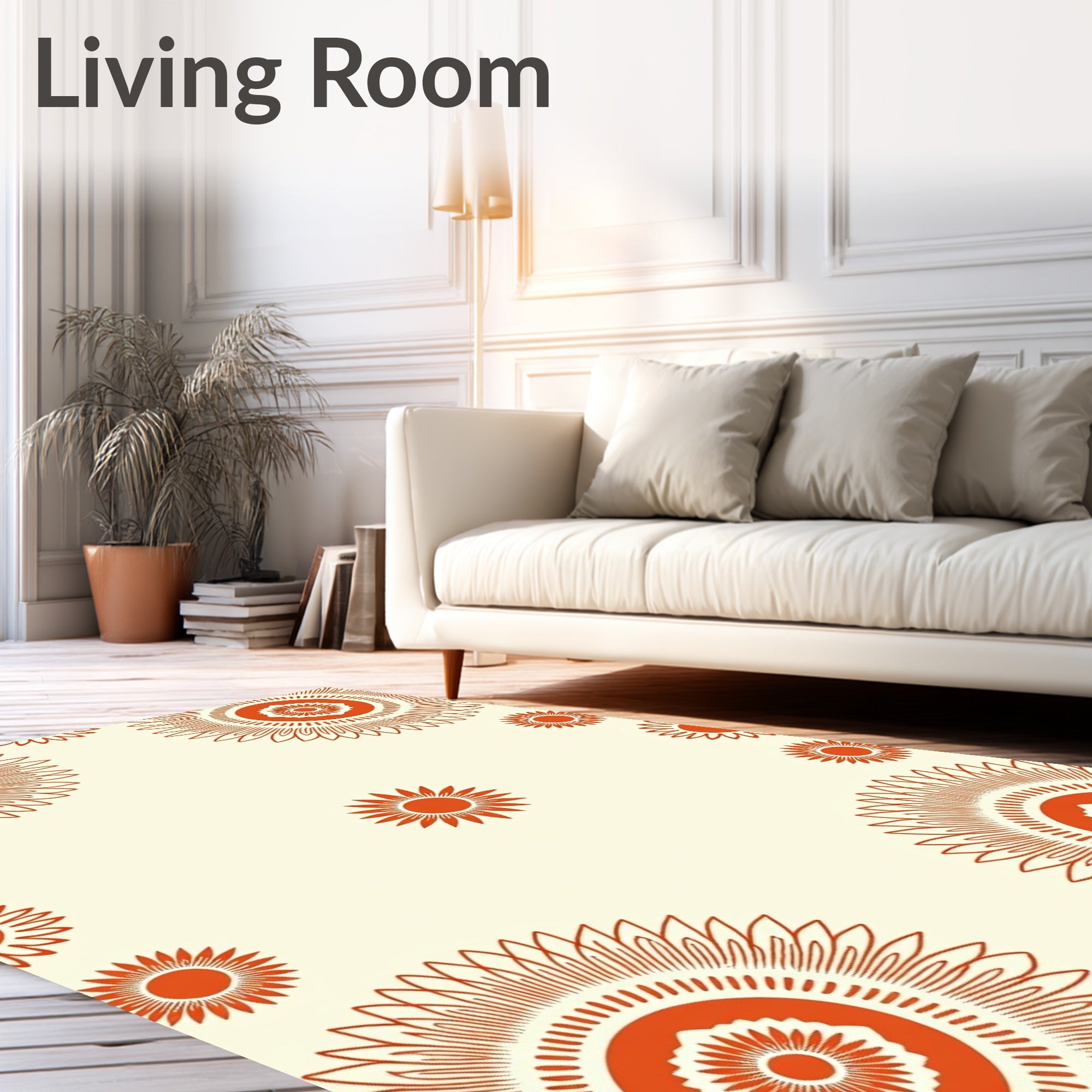 Orange Mandala Patterned Cream Rug