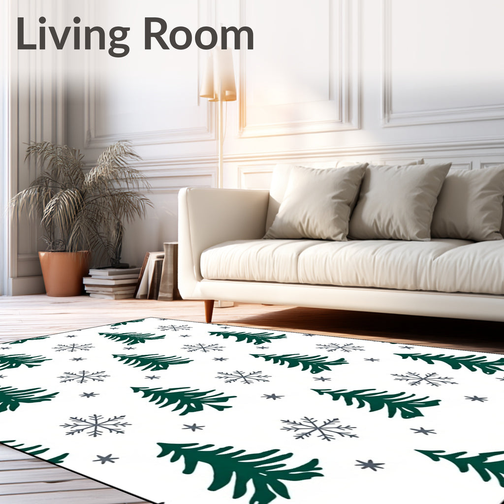 Forest Green Christmas Trees Snowflakes Rug