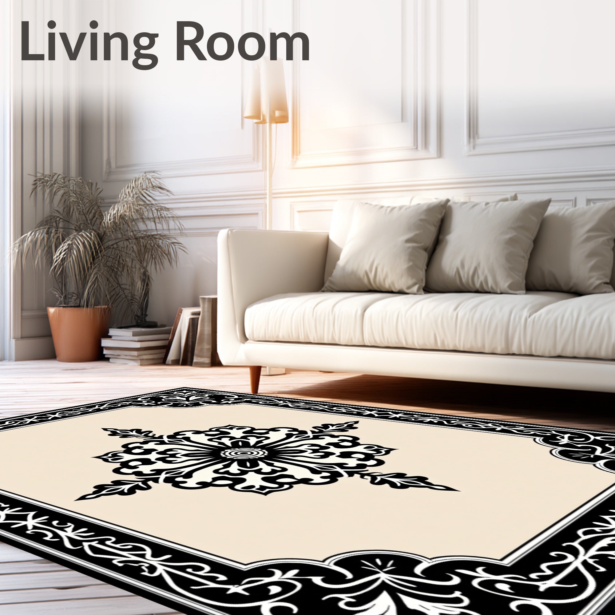 Vintage Black Floral Damask Pattern Rug
